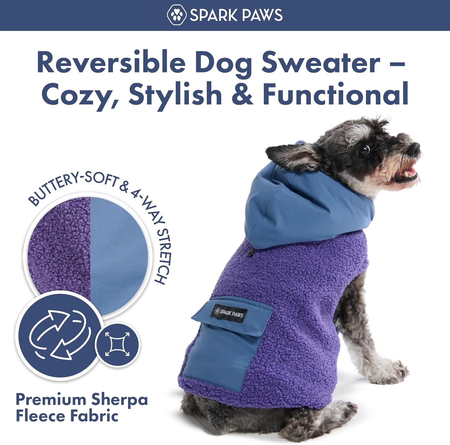Spark Paws Reversible Dog Sweater, Sherpa Jacket Vest with Warm Fleece Lining, Warm Coat for Winter, Suitable for Small Medium, Large, XL XXL Dogs - Purple and Navy Blue - S