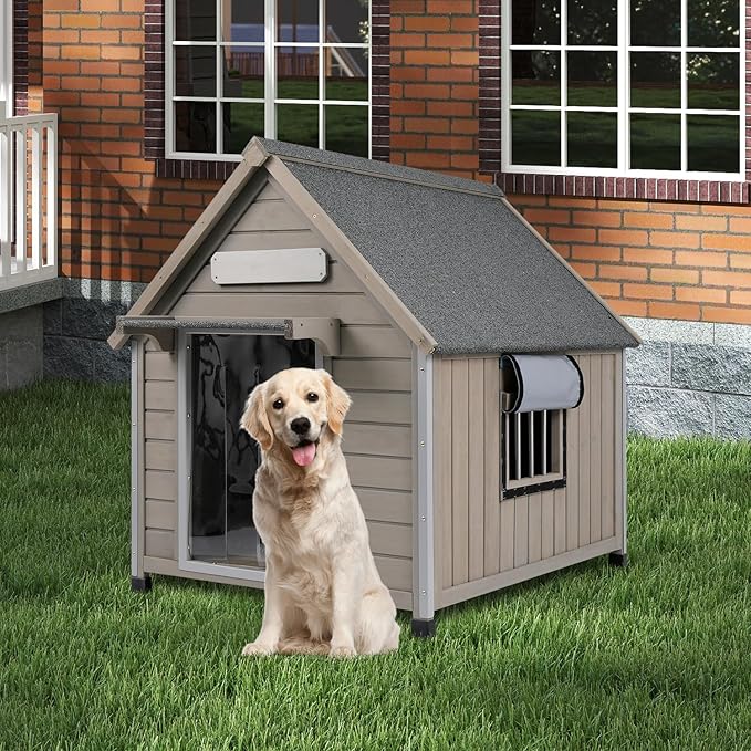 Outdoor Dog House Weatherproof Large Wooden Dog Kennel Indoor for Small Dogs with Chew-Proof Frame, Oxford Fabric Window, Removable Floor Pet Shelter (Grey, 30.5" D x 37.4" W x 39.3" H)