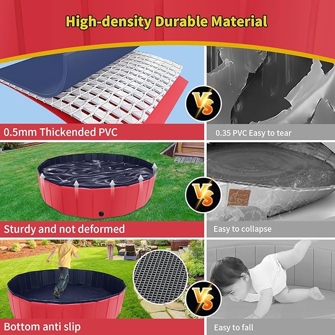 Foldable Dog Pool, 39" x 12" Kiddie Pool with Hard Plastic, Non-Slip Dog Bath Tub for Outdoor Backyard, Collapsible Dog Swimming Pool for Kids Dogs Pets (Red)