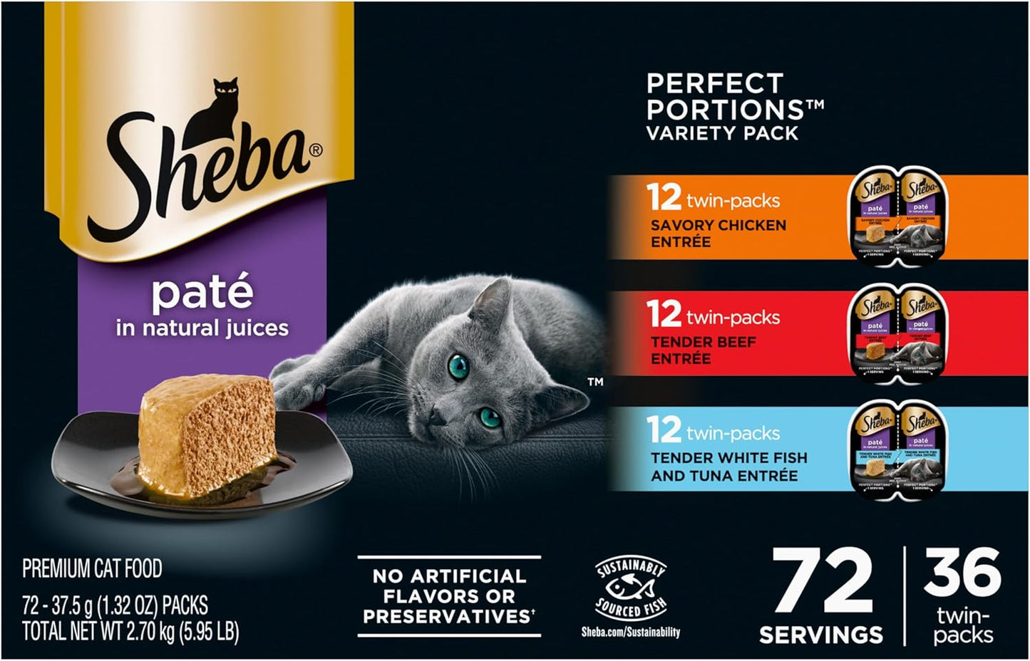 Sheba Perfect Portions Wet Cat Food Pate Savory Chicken Entree, Tender Beef Entree, and Tender Whitefish and Tuna Entree, 2.6 oz. Twin-Pack Trays (36 Count, 72 Servings)