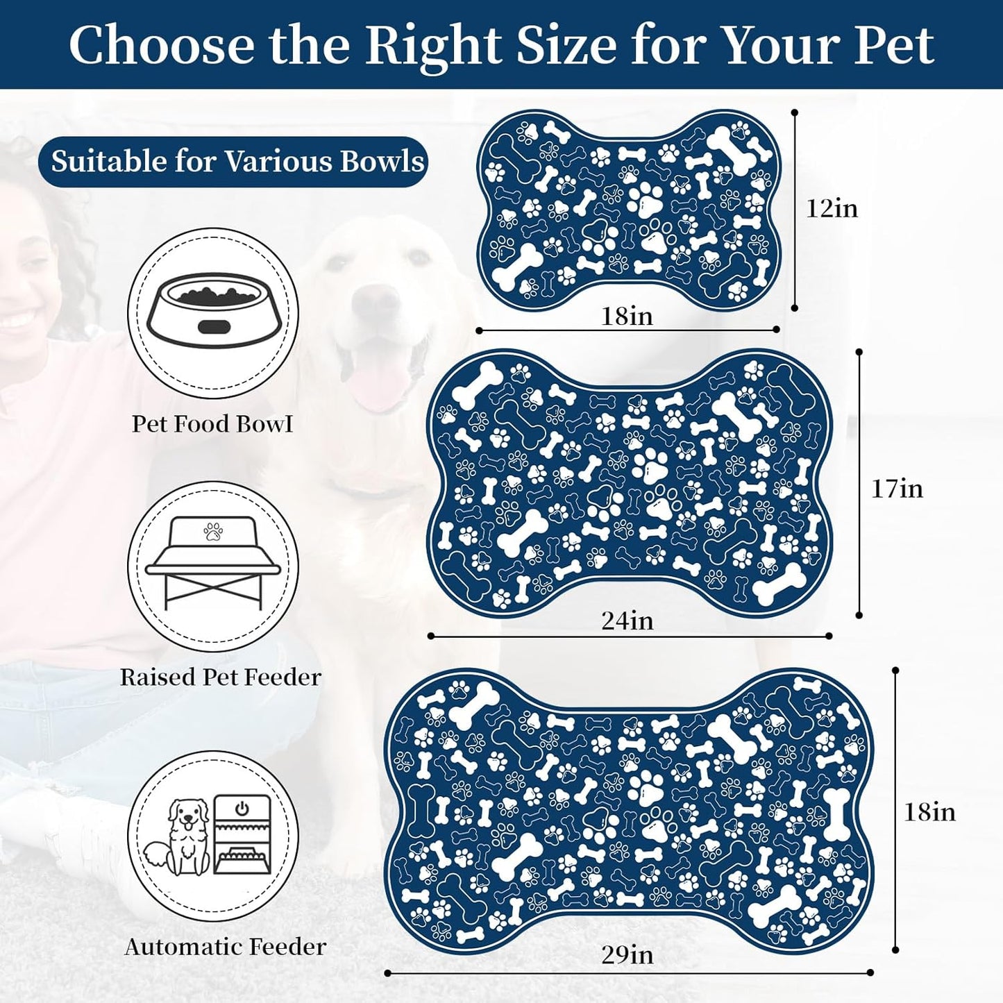 Dog & Cat Food Mat Bone Shaped Pet Feeding Mat Quick Absorb Water Bowl Placemat with Rubber Backing Indoor Floor Stain Resistant Pet Accessory Supplies (Blue, 16x24 Inches)