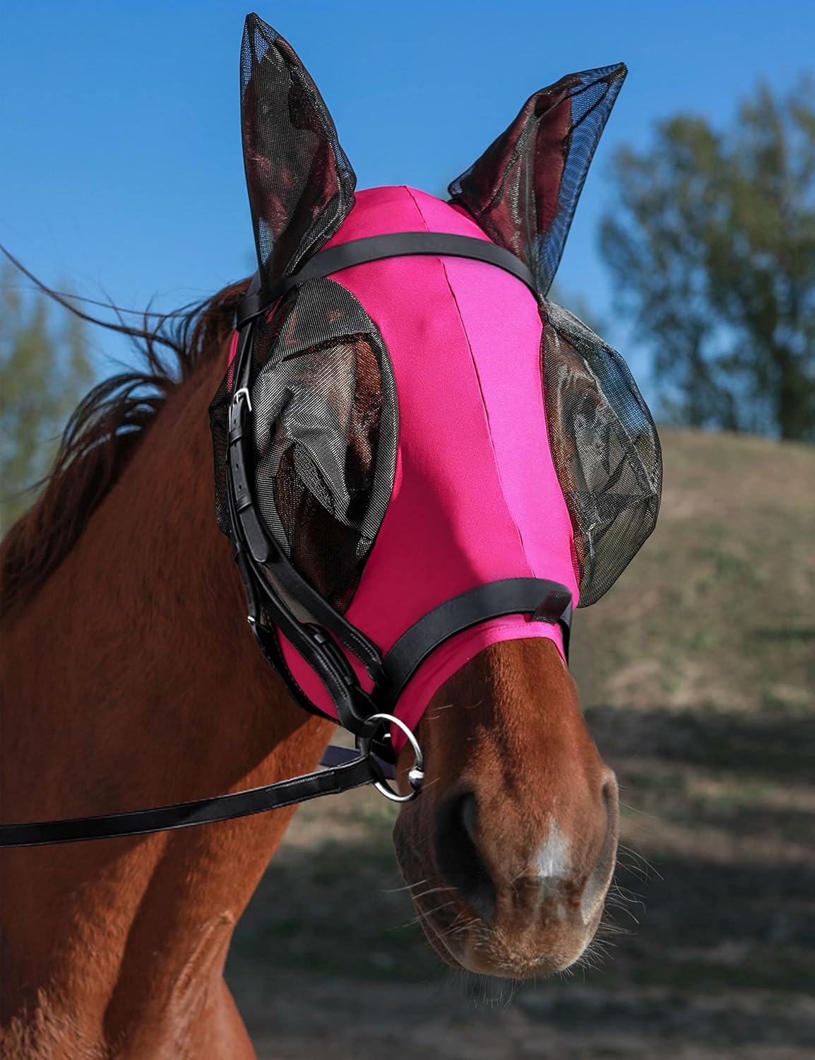 Horse Fly Mask with Ears, UV Protection Mask for Horses, Elasticity Mask with Big Mesh Eye Covers, Snug Fitting Comfortable Breathable Lightweight Hot Pink Cob
