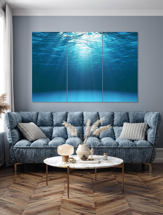 Nature Wall Art Prints - Ocean Forest Mountain Lake Canvas Landscapes - Small to Extra Large Living Room Bedroom Kitchen Bathroom Décor (Sun Rays Under Water, 31L" x 47W" - 3 Panels)