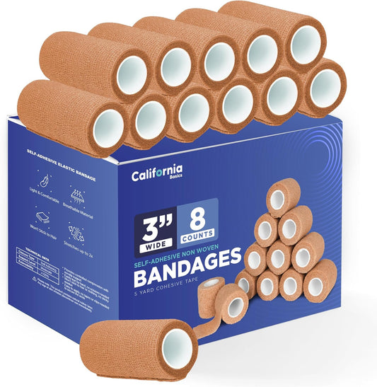 California Basics - 8 Pack - Self Adhesive Bandage Wraps - 3 Inch by 5 Yards Non Woven Self Adhesive Bandage Wrap, Brown Athletic Tape for Wrist, Hand & Ankle Wrap, Premium-Grade Medical Bandage Tape