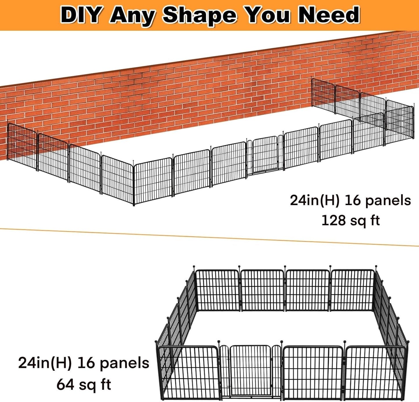 Dog Playpen 24 inch(H) 16 Panels Dog Fence Outdoor for Yard. Metal Dog Pen Heavy Duty Pet Puppy Exercise Pen for Rv Camping Garden Yard, Wide Door Low Threshold Dog Fence Total 31.4 Ft(L)