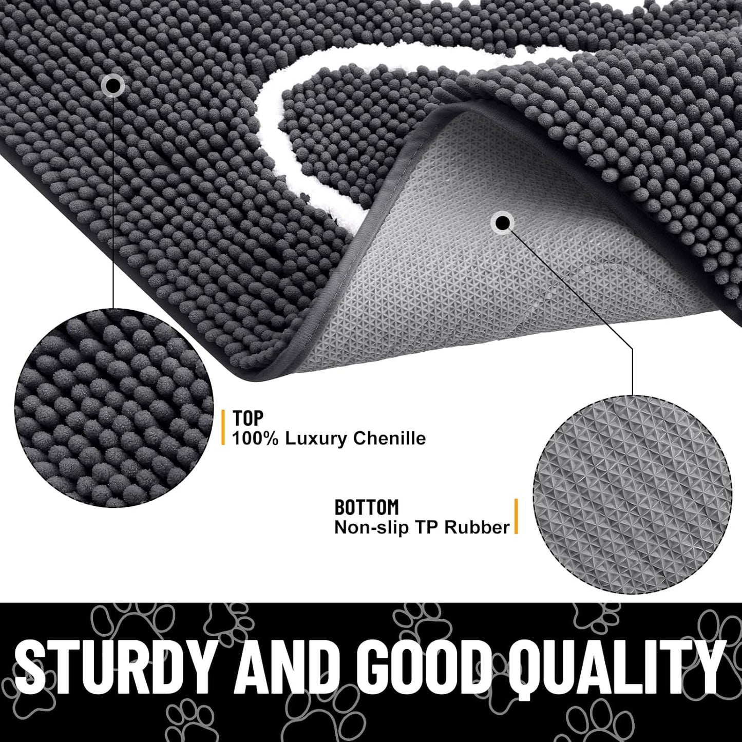 Smiry Dog Door Mat for Muddy Paws, Absorbent Dirt Trapper Non Slip Quick Dry Washable Chenille Mat for Mud Dogs, Entry Rug for Indoor and Outdoor (36x24 Inches, Dark Grey and White)