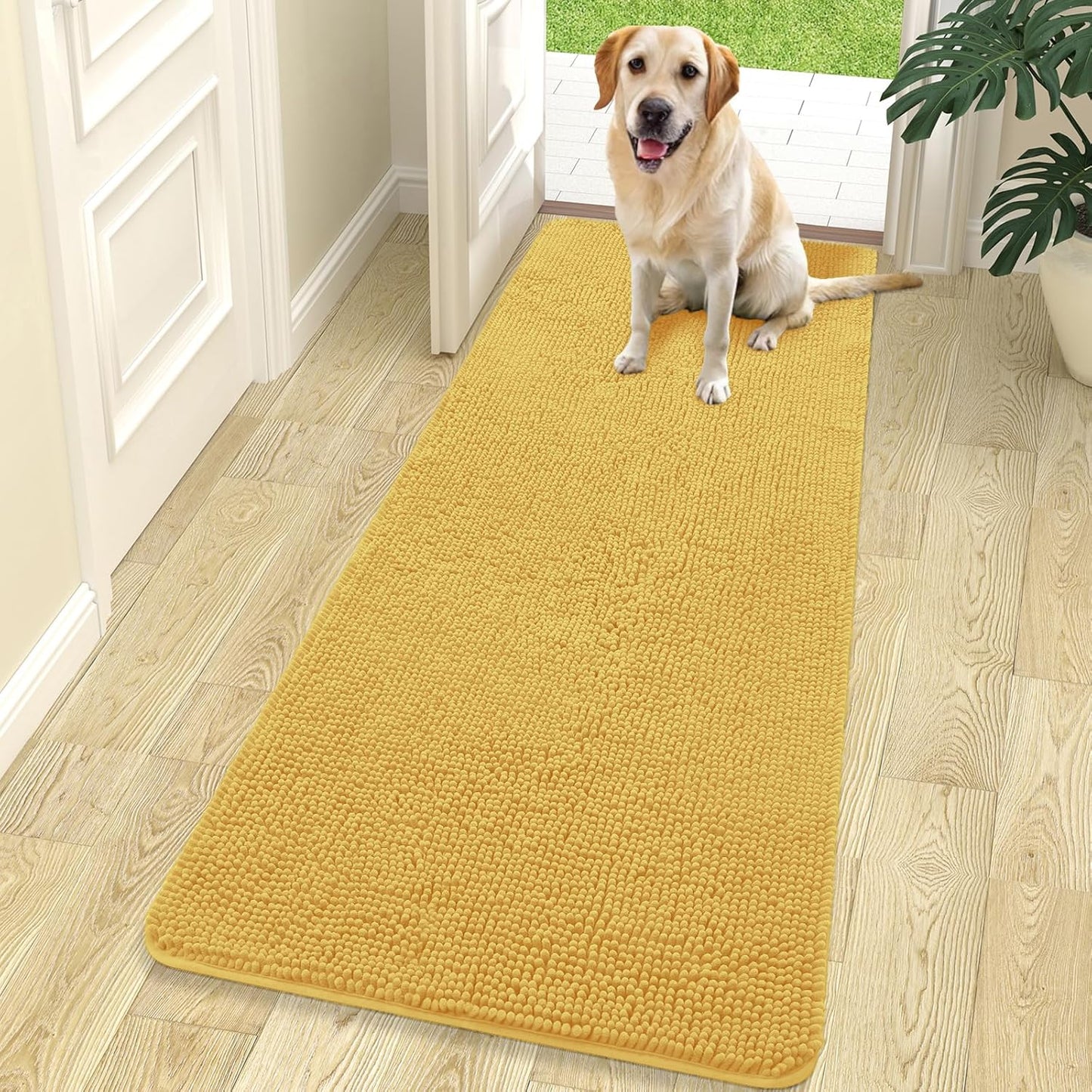 OLANLY Dog Door Mat for Muddy Paws 70x24, Absorbs Moisture and Dirt, Absorbent Non-Slip Washable Doormat, Quick Dry Chenille Mud Mat for Dogs, Entry Indoor Entryway Carpet for Inside Floor, Yellow