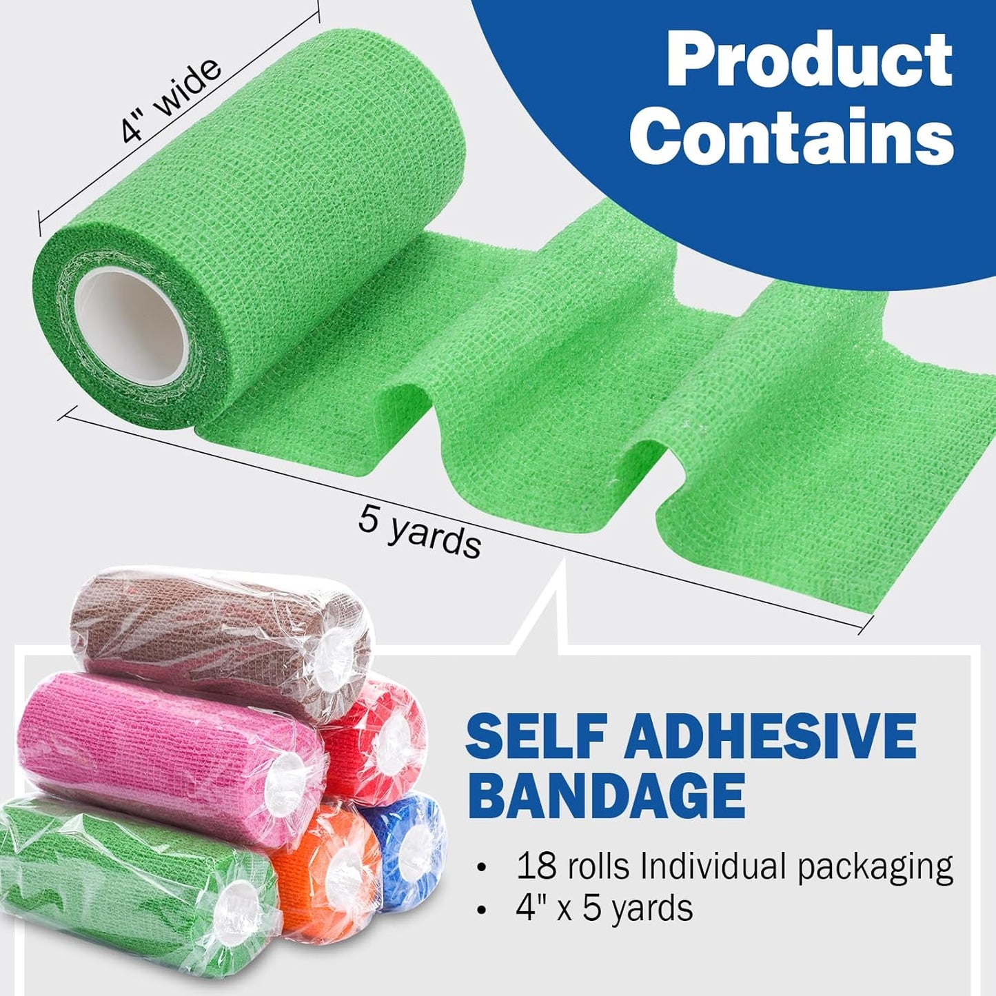AZEN 18 Pack Self Adhesive Bandage Wrap, 4" X 5 Yards Elastic Cohesive Bandage Wrap, Color Athletic Tape, Tattoo Grip Tape Wra, Ankle Tape, Vet Wrap