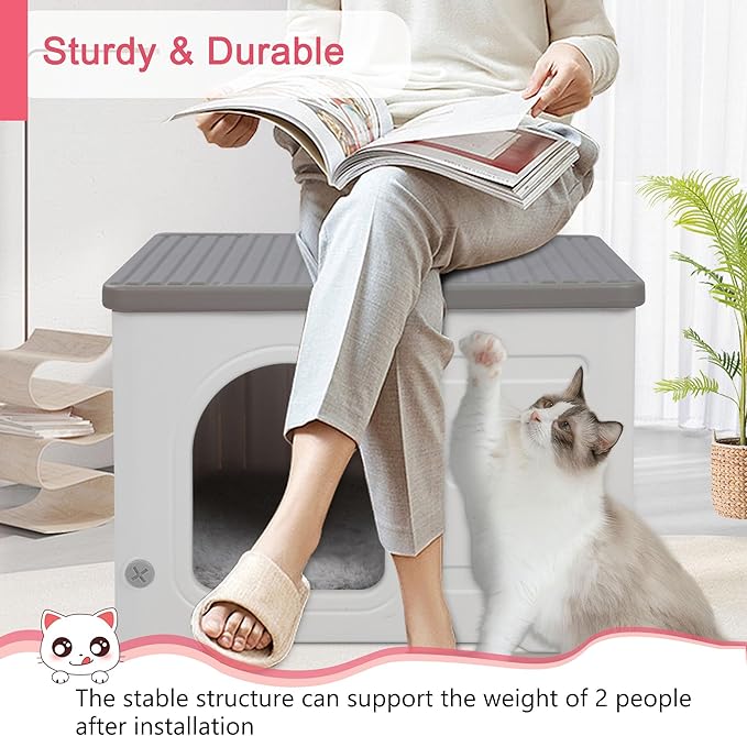 Rockever Plastic Cat House Outdoor with Escape Door, Waterproof Feral Cat House Outdoor Indoor, Sturdy Cat House for Outdoor Cats with Cat Bed Mat, Assemble Easily-Grey