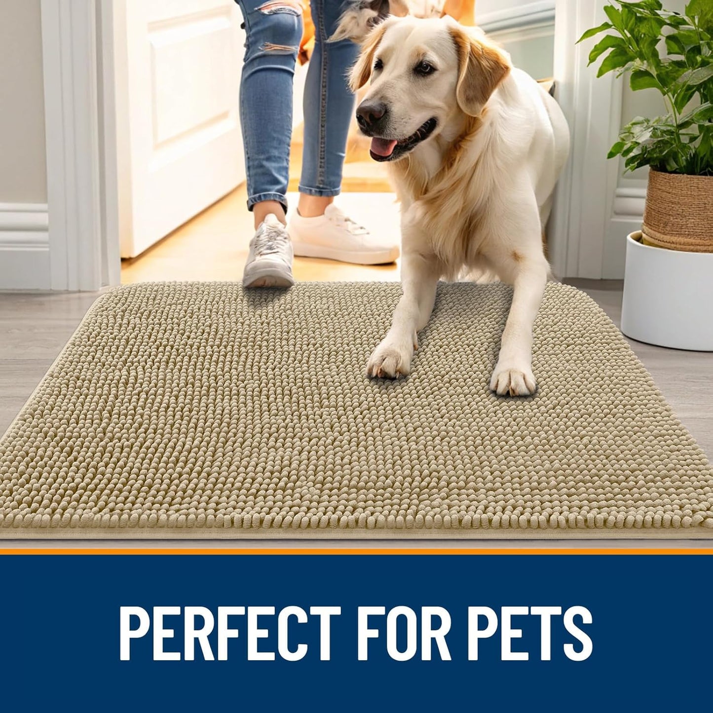 OLANLY Dog Door Mat for Muddy Paws 70x24, Absorbs Moisture and Dirt, Absorbent Non-Slip Washable Doormat, Quick Dry Chenille Mud Mat for Dogs, Entry Indoor Entryway Carpet for Inside Floor, Beige