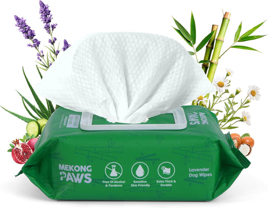 Pet Grooming Wipes - Natural & Organic Bamboo Base - Calming Lavender Scented - Freshening Dog Cat Wipe - Gentle on Sensitive Skin - Thick & Durable for Paws, Coat & Bum - 100 Count