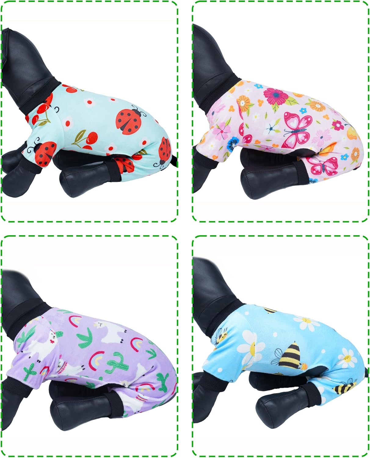 PET SHOW 4 Pack Small Dog Pajamas Spring Dog Clothes for Medium Dogs Girl Boy Soft Stretchy PJs Bee Ladybug Jumpsuit Puppy Cats Floral Onesies Outfits with Sleeve Pets Dachshund Costume(M, Spring)