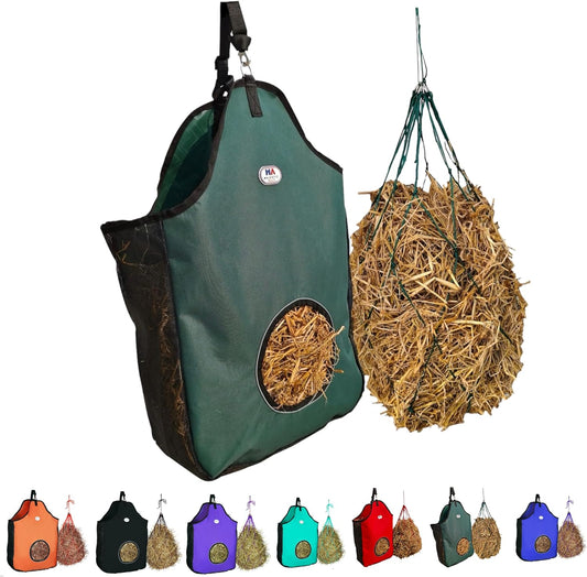 Majestic Ally 1200 D Hay Feeder Tote Bag for Horses, Sheep with Reflective Trim- Reduces Waste - Comes with 36” Hay Net. (Hunter Green)