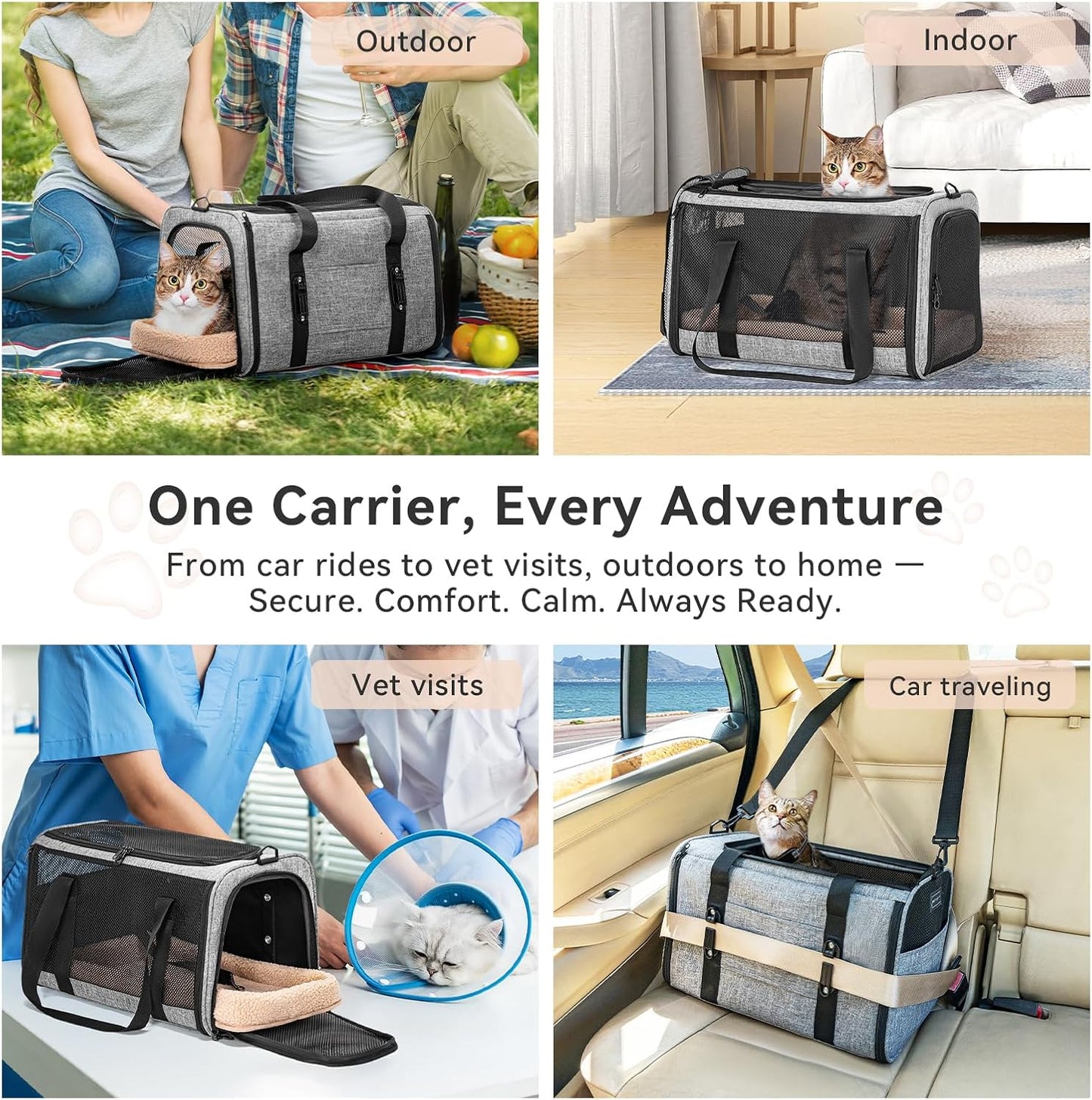 PETSFIT Soft-Sided Cat Carriers & Car Seats with Patent Safe Buckles, Clip-On Harness，18"x11"x11" Airline Approved Pet Carrier - 9 lbs Capacity,Grey