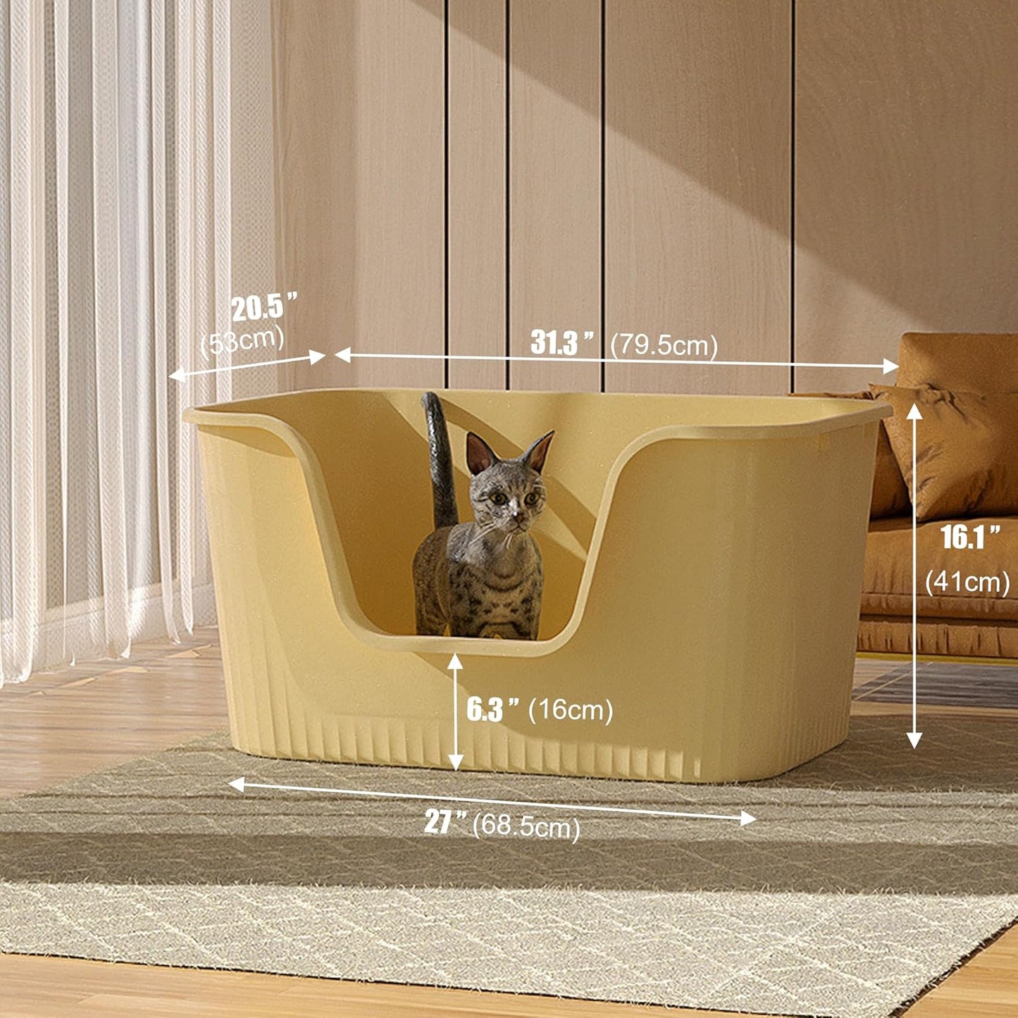 Vealind Extra Large Litter Boxes for Big Cats 31''×21''×16'', XXL Litter Boxes for Big Cats or Multiple Cats, Jumbo High Sided Litter Pan, Leak-Proof & Anti-Splashing, Easy Clean & Durable (Yellow)