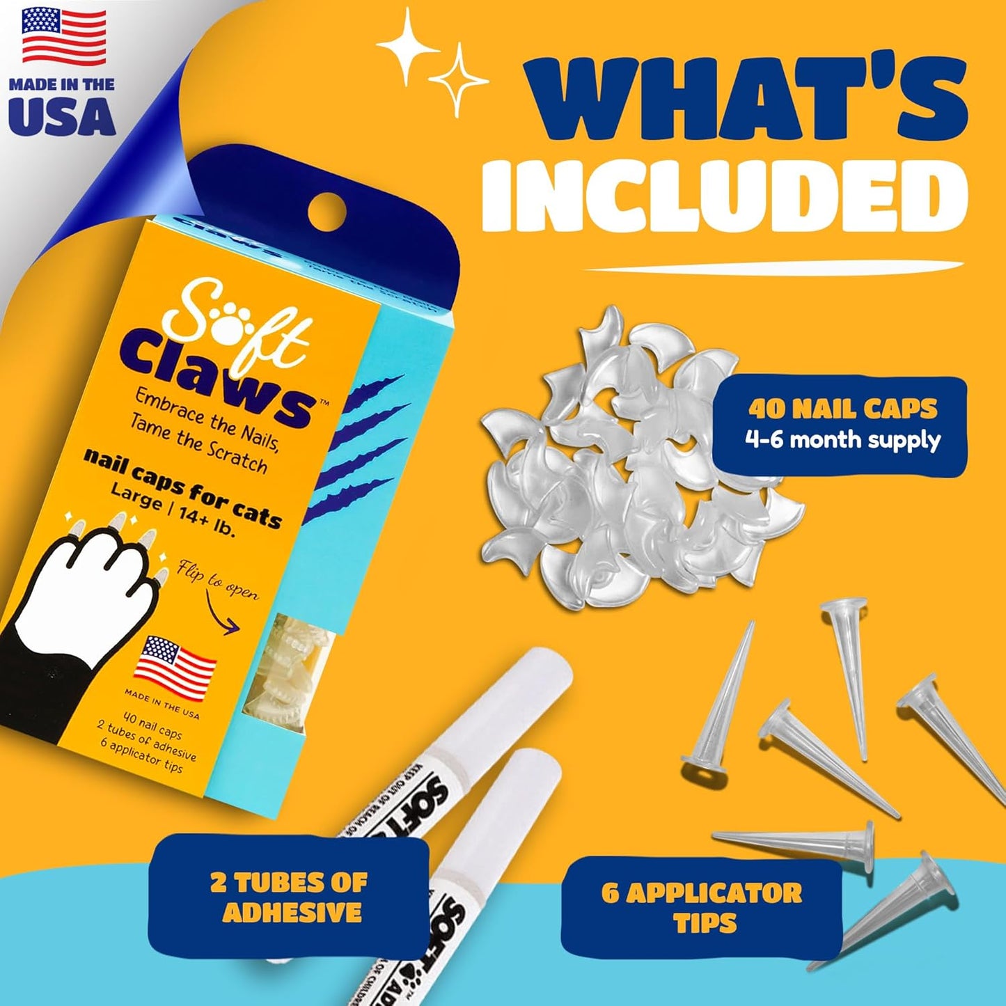 Soft Claws Cat Nail Caps for Large Cats – (40 Caps, Clear) - Made in USA - Veterinarian-Developed | Protects Furniture & Skin - Easy to Apply, Long-Lasting Anti-Scratch Soft Cat Claw Covers