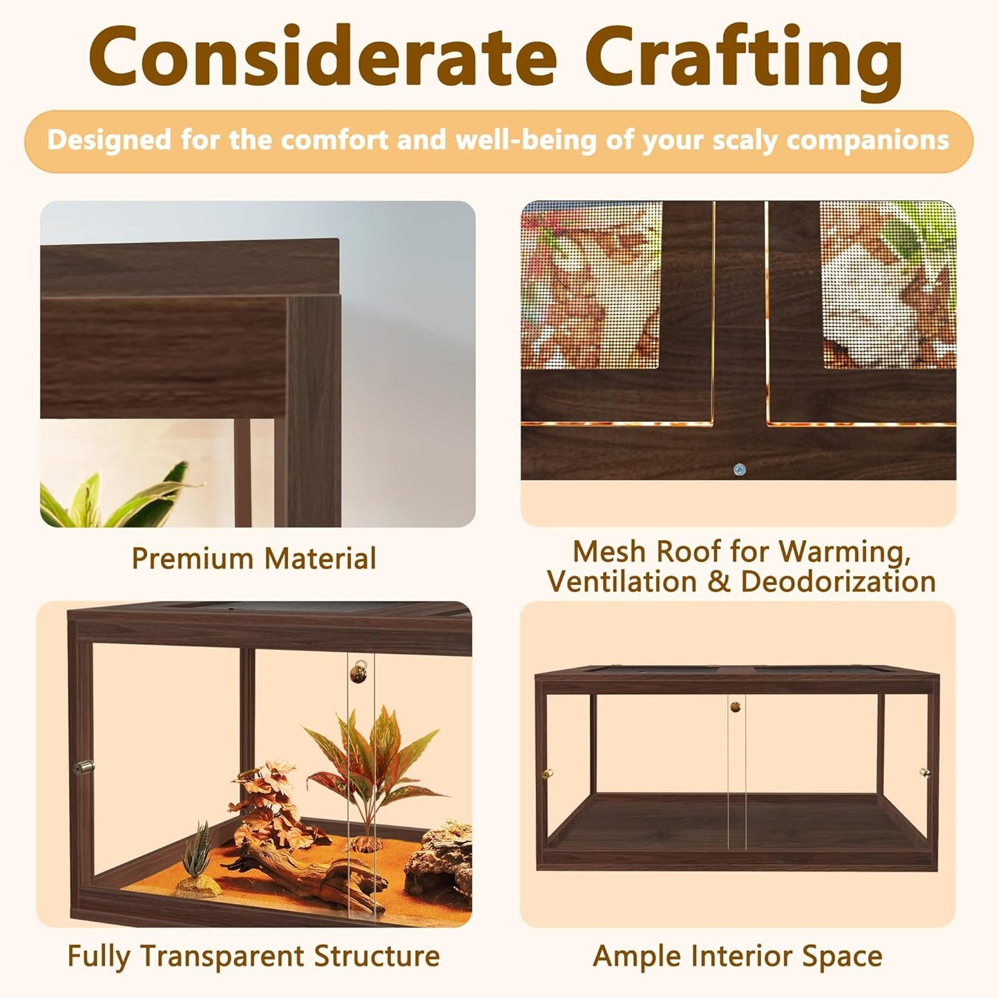 PROLEE Bearded Dragon Tank,60 Gallon Reptile Tank with Meatl Mesh Roof and Front Sliding Door, Anti-Scratch Lizard Tank,Spacious Reptile Enclosure for Snakes,Lguanas, Chameleons(Walnut)