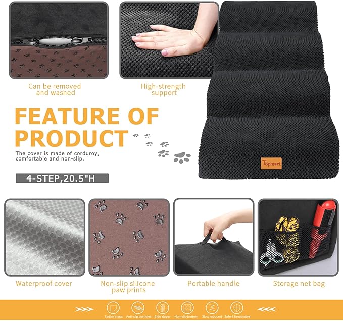 Topmart High Density Foam Dog Steps 4 Tiers,Extra Wide Deep Pet Steps,Non-Slip Dog Stairs Ramp for Bed,Soft Foam Cat Ladder,Best for Older Injured,Older Pets,Cats with Joint Pain