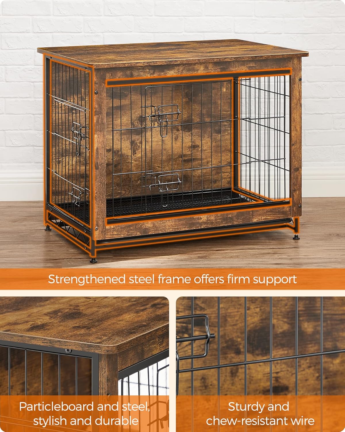 Feandrea Dog Crate Furniture, 32.5" Side End Table, Modern Kennel for Dogs Indoor up to 45 lb, Heavy-Duty Dog Cage with Multi-Purpose Removable Tray, Double-Door Dog House, Rustic Brown UPFC002X01