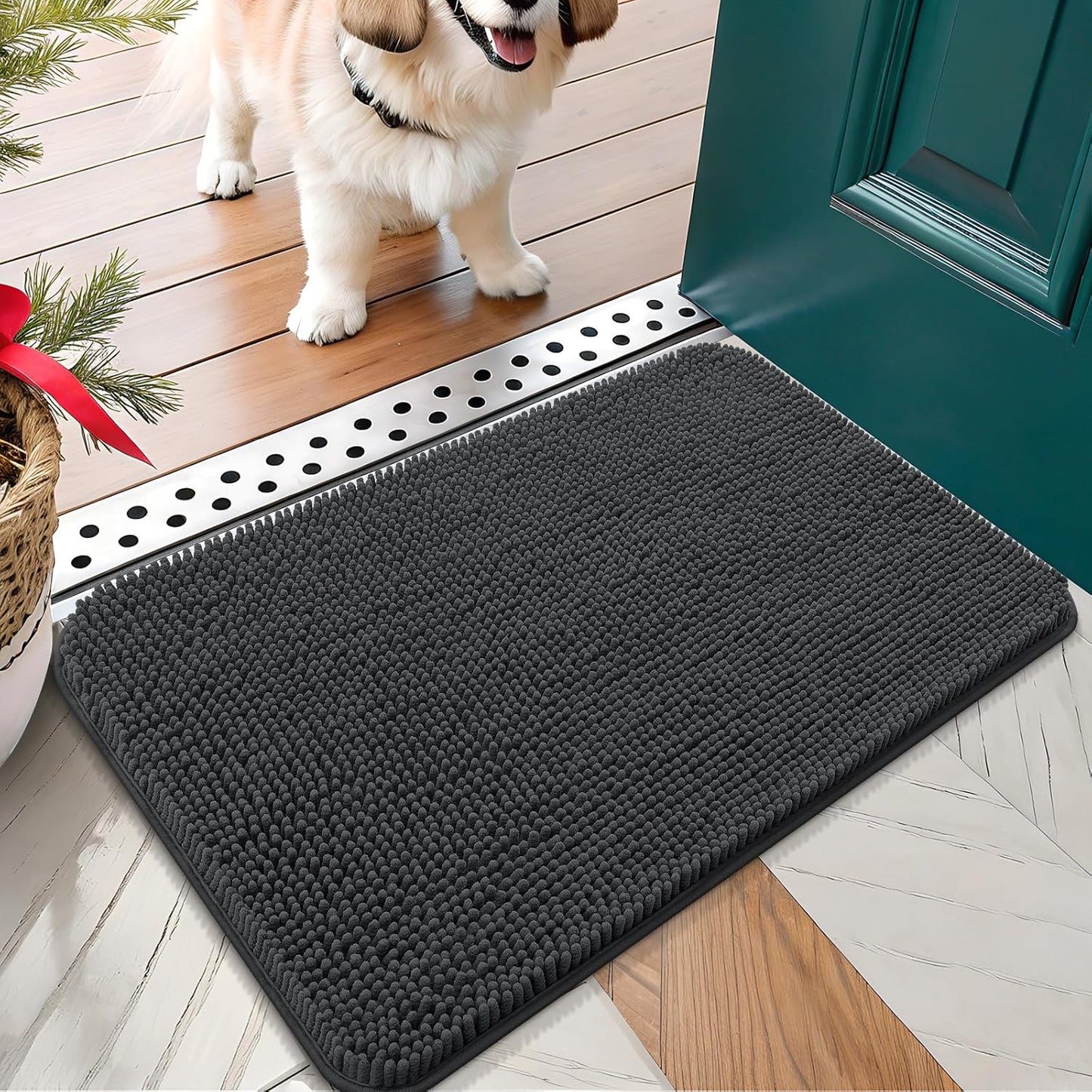 OLANLY Dog Door Mat for Muddy Paws 30x17, Absorbs Moisture and Dirt, Absorbent Non-Slip Washable Doormat, Quick Dry Chenille Mud Mat for Dogs, Entry Indoor Entryway Carpet for Inside Floor, Dark Grey