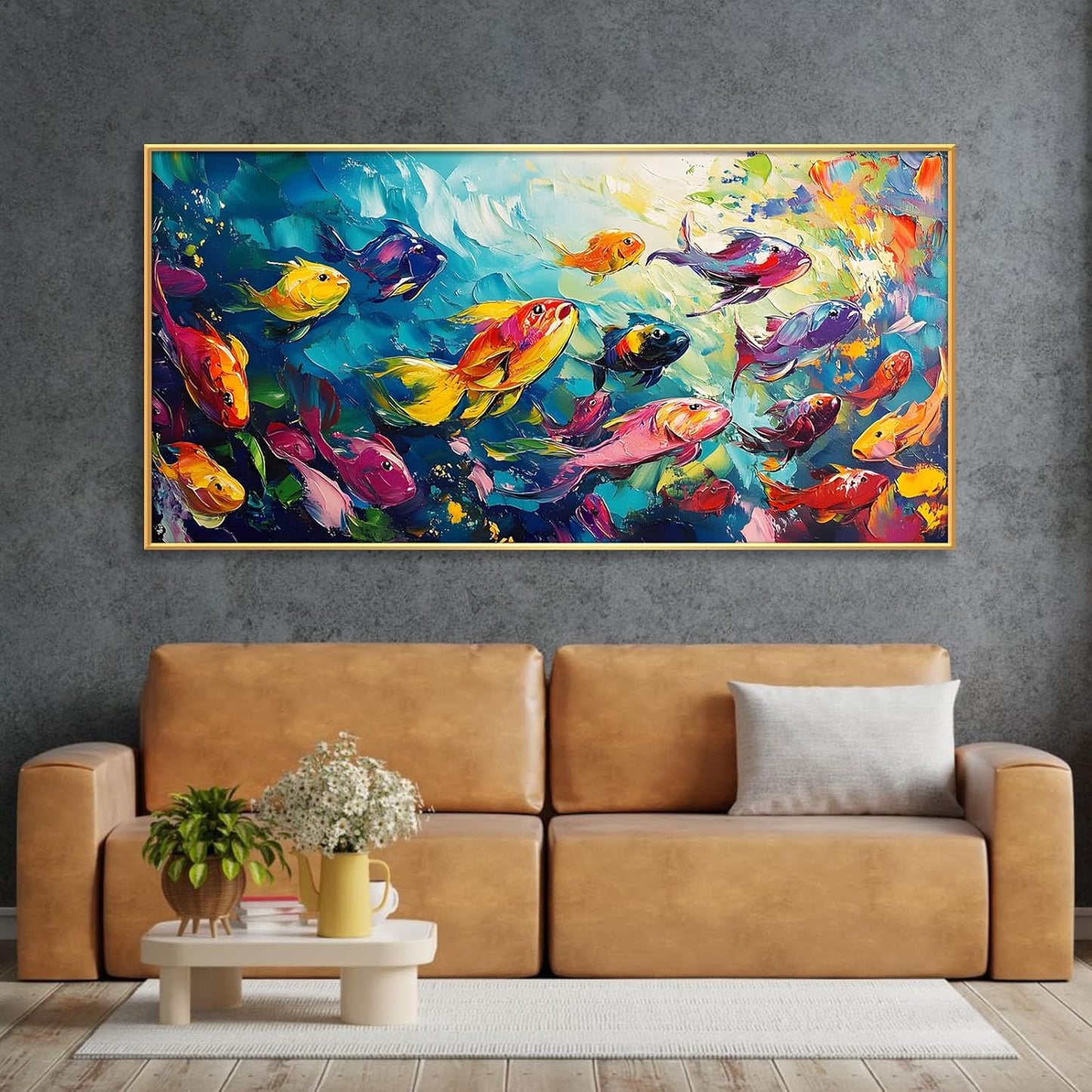 School of Fish Printed Canvas Wall Art – Framed Abstract Ocean Print – Vibrant Fish Wall Decor for Living Room, Bedroom, Office (Gold Framed, 62"x31"|160x80cm)