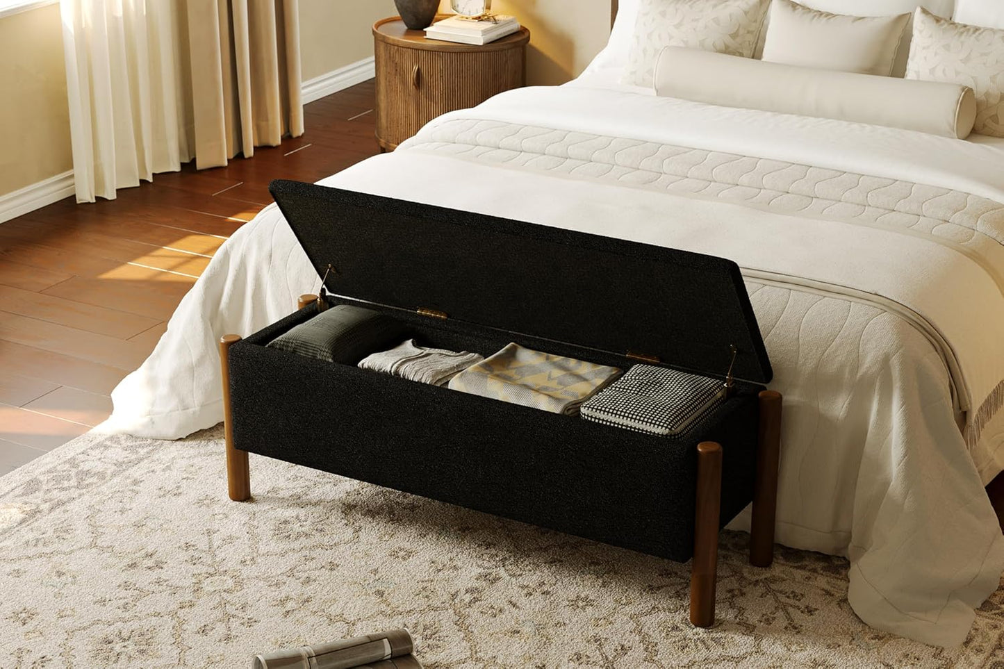 Modern Storage Benches with Walnut Wood Legs, 47'' Ottoman Bench with 20 Gallons Storage Space for Bedroom End of Bed, Fabric Upholstered Entryway Bench with Seating for Livingroom, Black