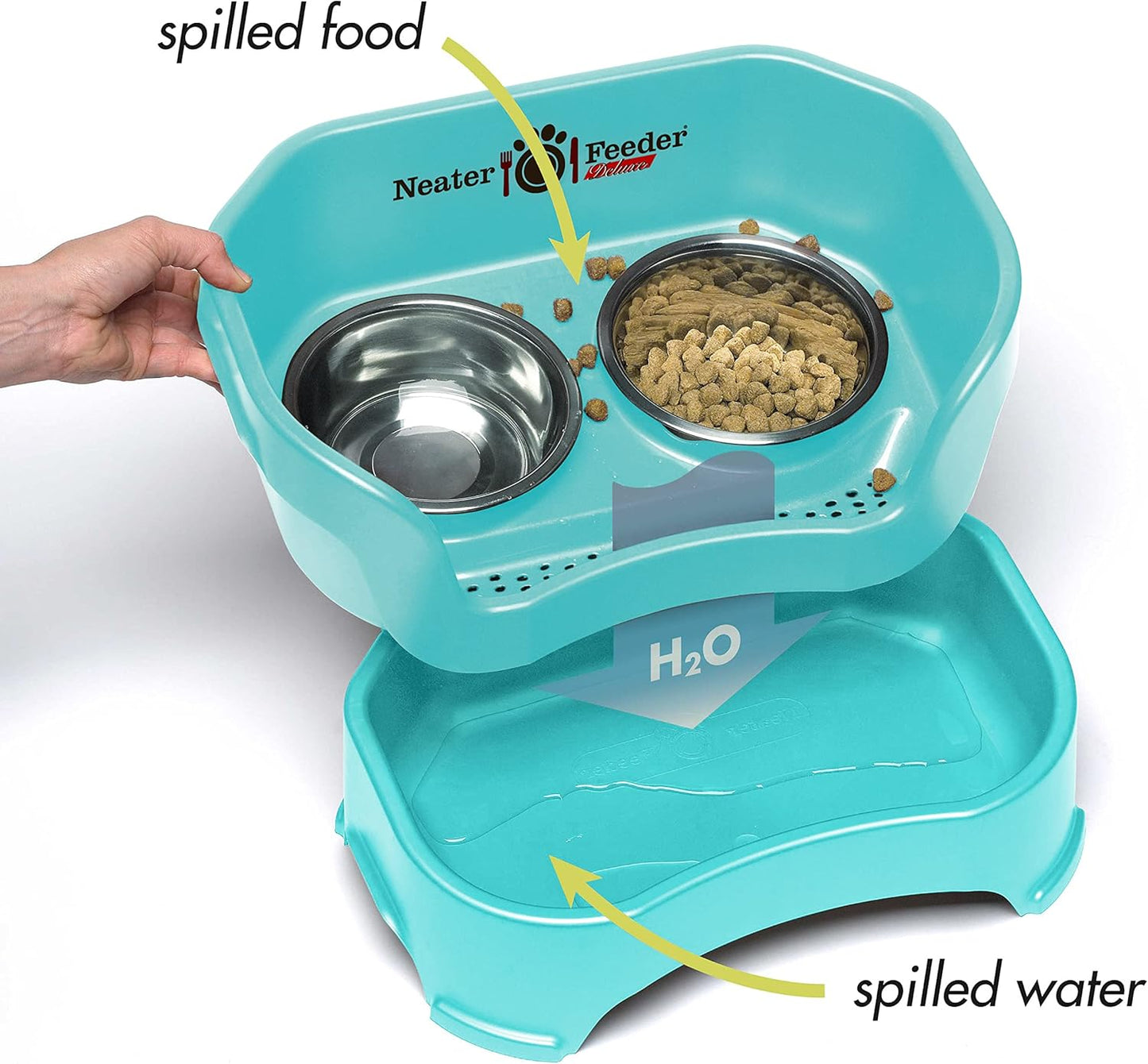 Neater Feeder Deluxe Mess Proof Dog Bowls Elevated for Small Breeds – Made in USA – No Spill Raised Dog Food Bowl Stand w/Leg Extensions – Stainless Steel Dog Food and Water Bowl Set – Teal