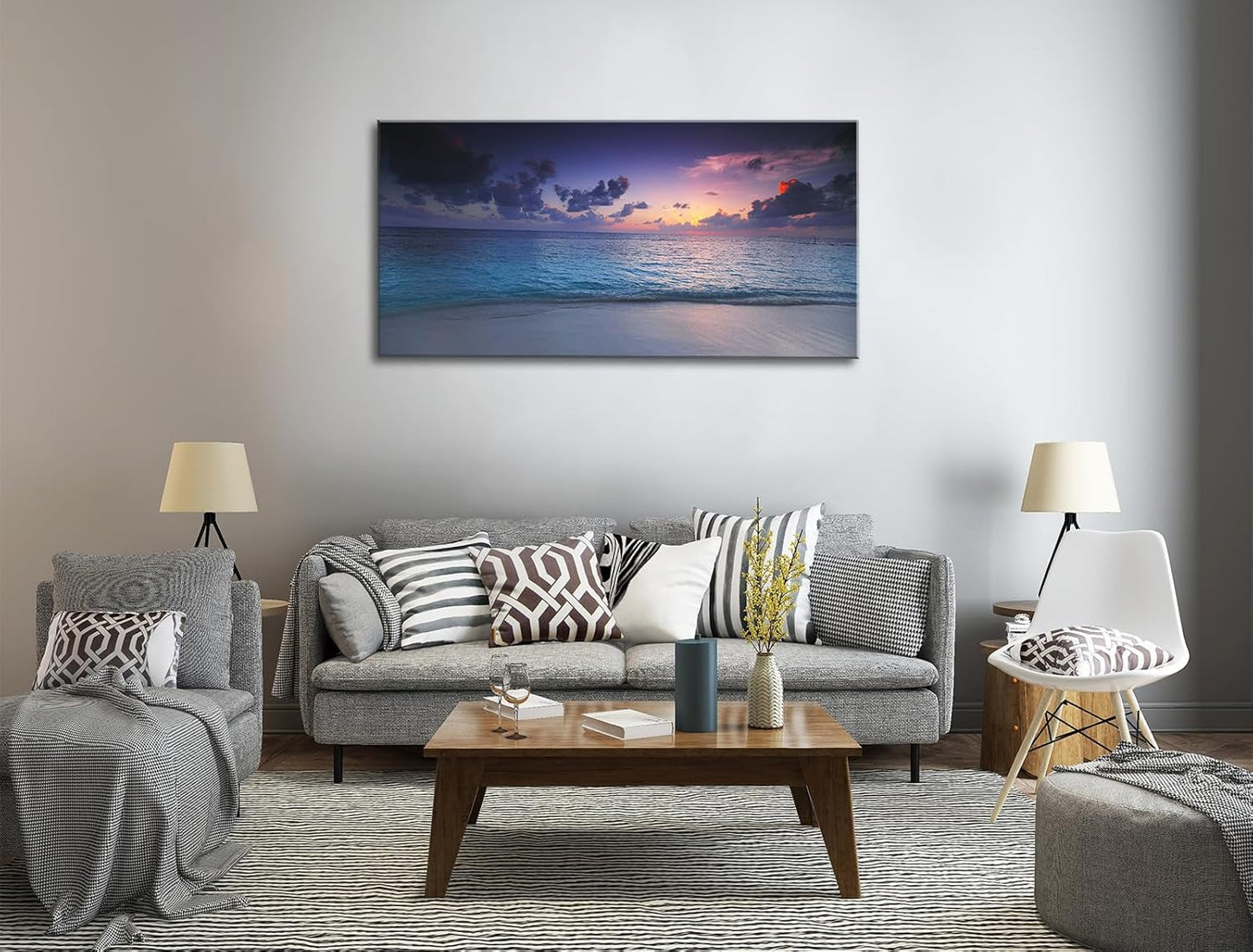 Blue Ocean Sunset Canvas Wall Art – Framed Seascape Painting, Coastal Landscape Nature Decor for Living Room & Bedroom (24x48 Inch)