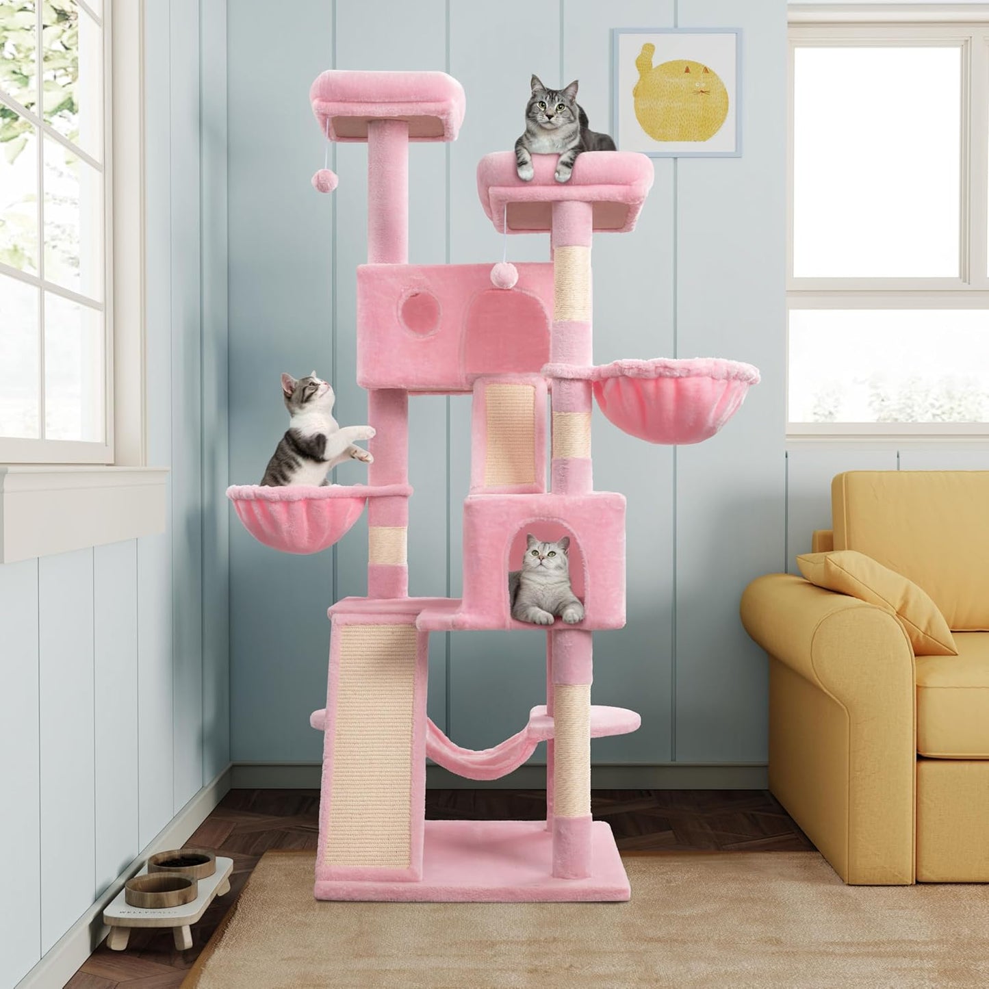 MUTICOR 66 Inches Multi-Level Large Cat Tree Tower for Indoor Big Feline/Cozy Plush Perches/Condo/Sisal Scratching Posts/Hammock and Baskets/Activity Center Play House/Wide Base/Pink