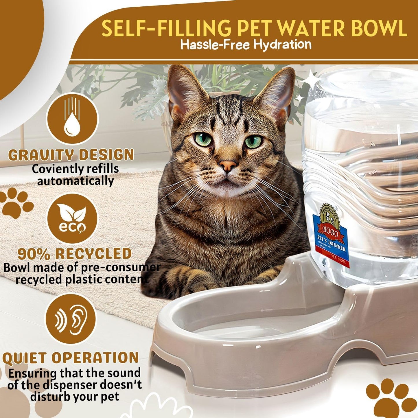 Flexzion Automatic Gravity Pet Waterer for Cat & Dog - Non-Skid & Easy-Clean Auto Replenish Water Dispenser Drinking Bowl (1/4 Gallon/ 900ml), Beige