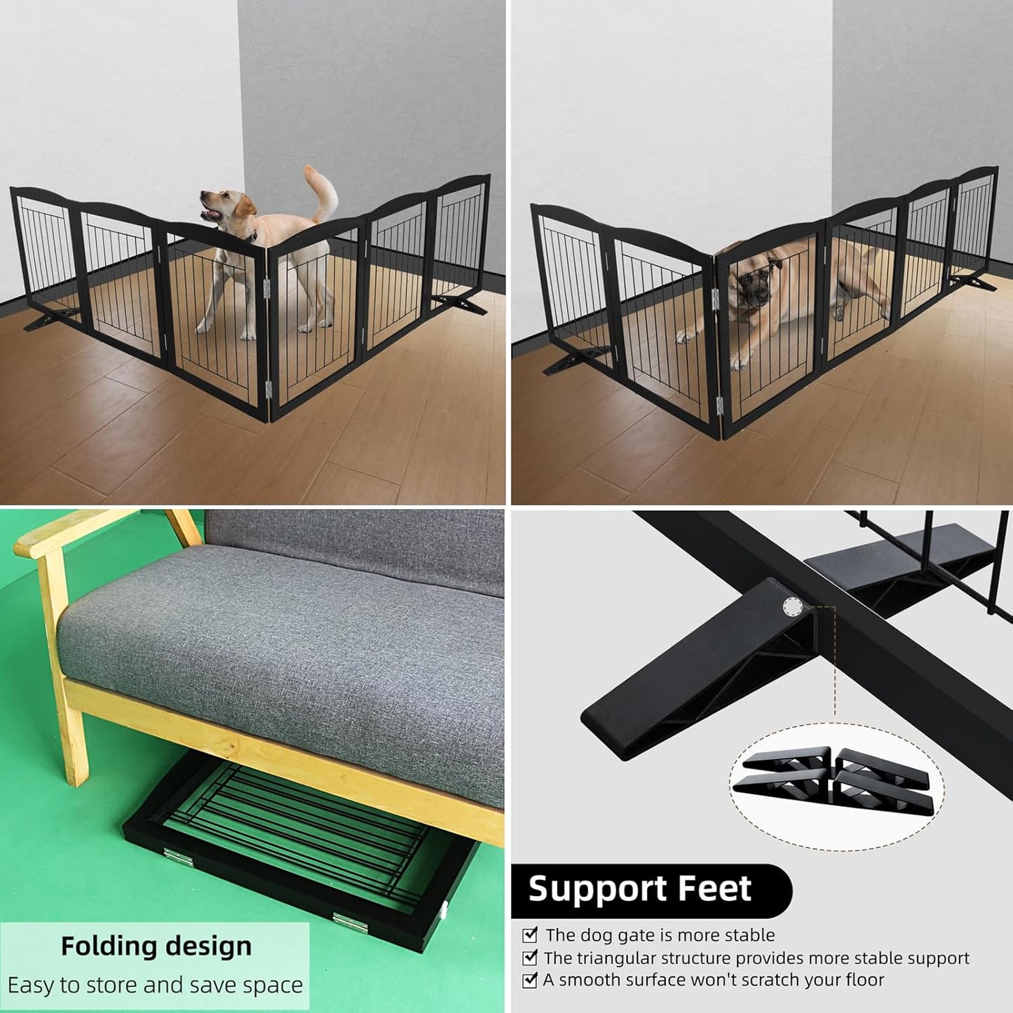 ZJSF Freestanding Dog Fence Indoor, Foldable Dog Gate for Doorways, Stairs or Hallways, Sturdy Wood Extra Wide Pet Gate with Support Feet for The House, Black, 32 "Height-6 Panels