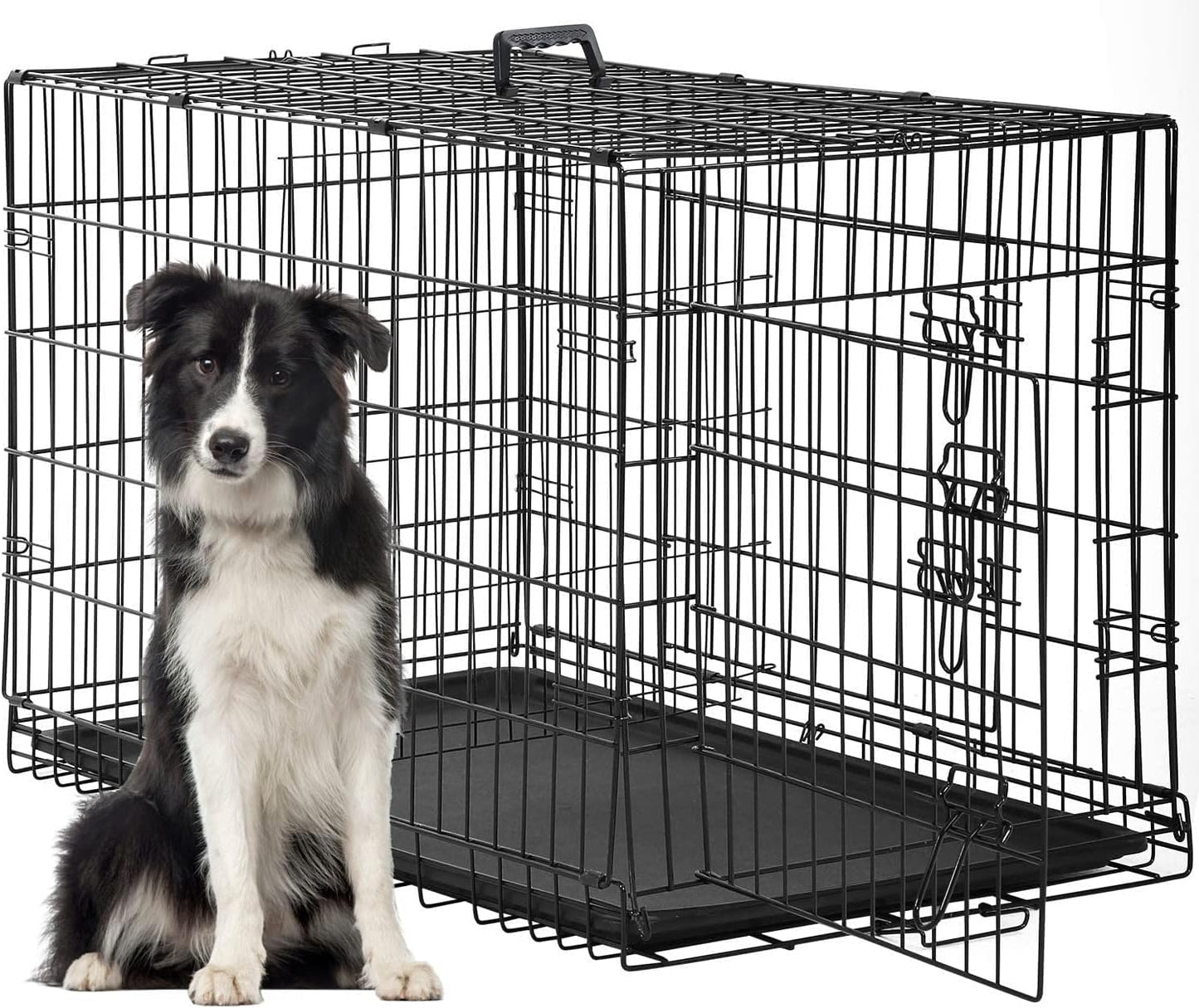 FDW Dog Crate for Large Dogs 48 Inch Folding Metal WirePet Cage Double Door W/Divider Panel Indoor Outdoor Kennel Leak-Proof Plastic Tray,Black