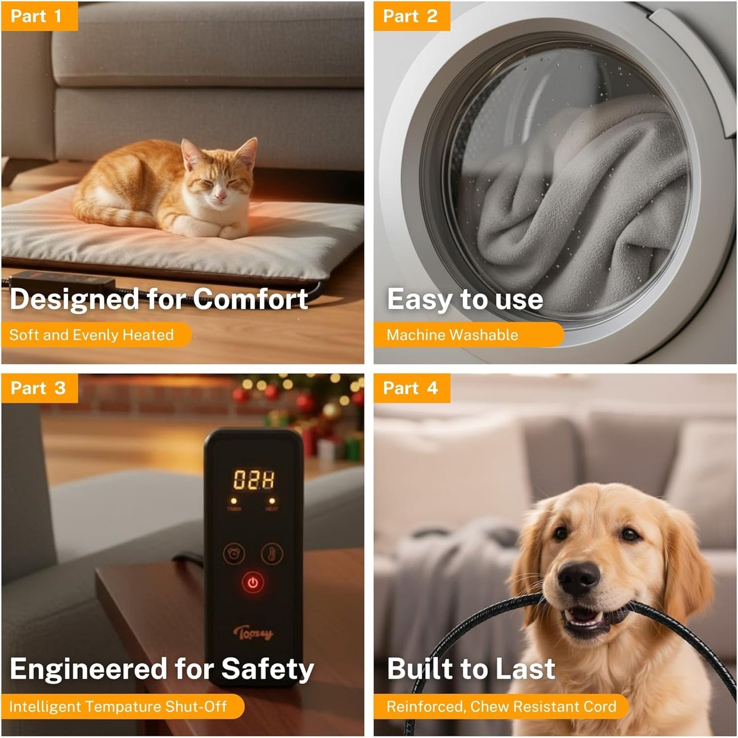 Toozey XL Pet Heating Pad, Waterproof & Chew Resistant, 6 Temp Settings with Timer, 47x28 in for Dogs & Cats