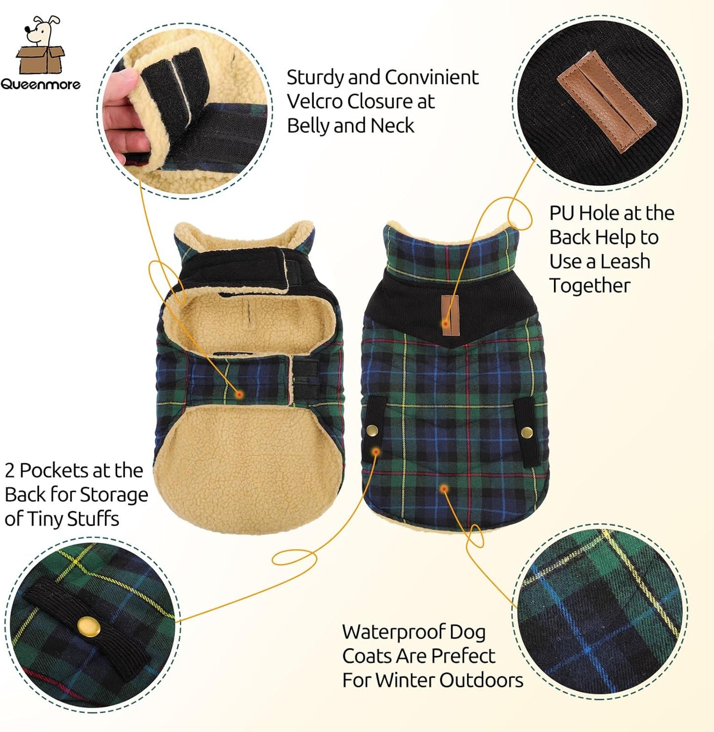 Queenmore Dog Winter Coat Warm Dog Jacket for Cold Weather, Quilting Puffer Plaid Coats for Small/Medium Dogs Waterproof,Girl/Boy Pet Christmas Coat,Pet Snowsuit with Leash Hole/Fleece Padding, XS