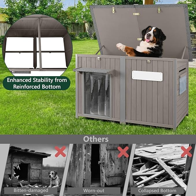 55" Extra Large Outdoor Dog House Weatherproof Wooden Doghouse Indoor for Large Breed Dogs with Anti Bite Frames with Window,10 Elevated Feet, Reinforced Bottom for Pet Up to 220LBS