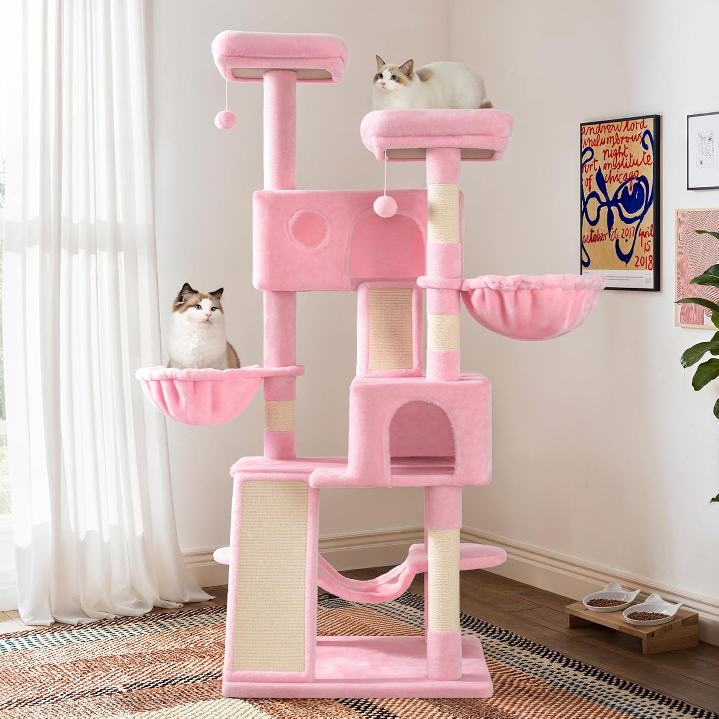 SHA CERLIN 65in Larger Cat Tree Tower Condo for Indoor Kitties/Multi-Level Furniture Activity Center with Wide Base/Cozy Plush Cat Perches/Baskets/Sisal Scratching Posts and Hammock/Pink