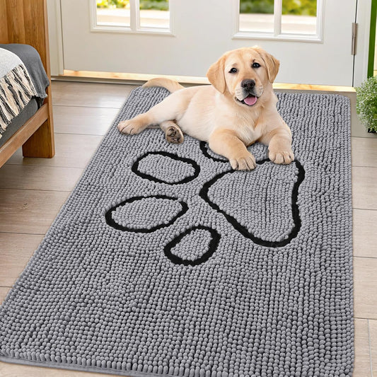 Smiry Dog Door Mat for Muddy Paws, Absorbent Dirt Trapper Non Slip Quick Dry Washable Chenille Mat for Mud Dogs, Entry Rug for Indoor and Outdoor (47x32 Inches, Grey)