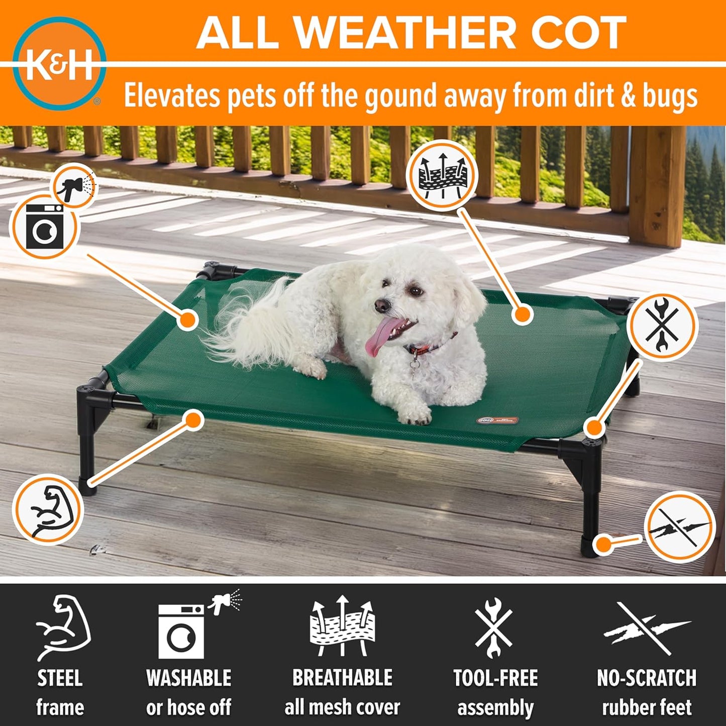 K&H Pet Products Outdoor Elevated Dog Cot, Cooling Raised Bed with Waterproof Breathable Mesh for Medium Dogs, Portable Place Bed with Heavy-Duty Metal Frame & Hammock Style Cover - Medium Green