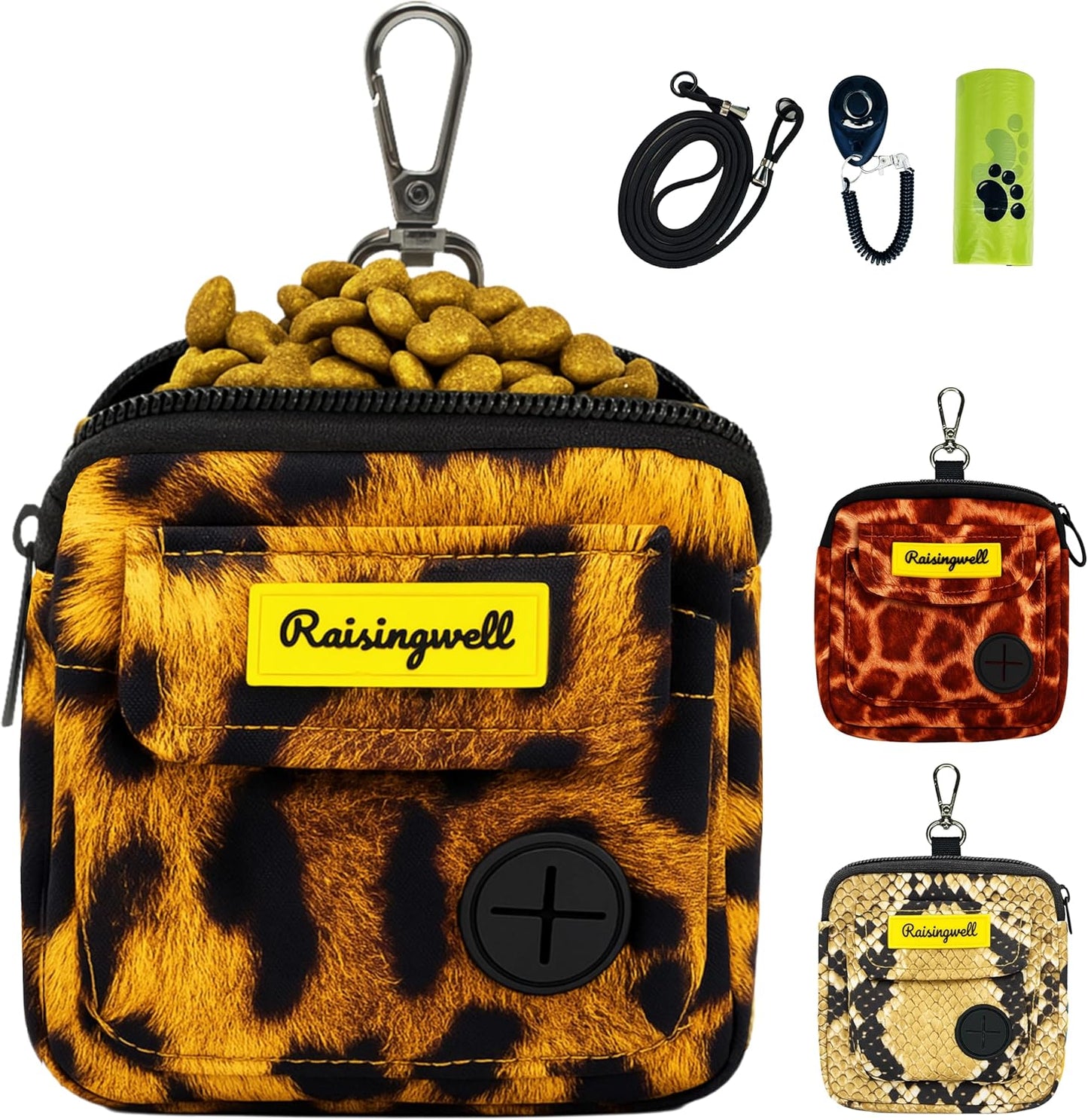 Dog Treat Pouch for Pet Walking and Training with Clicker Poop Bags and Double Bag Design Small Fanny Zipper Pack Holder for Puppy Snack Dispenser Kit for Leash and Outdoor Use Leopard Print
