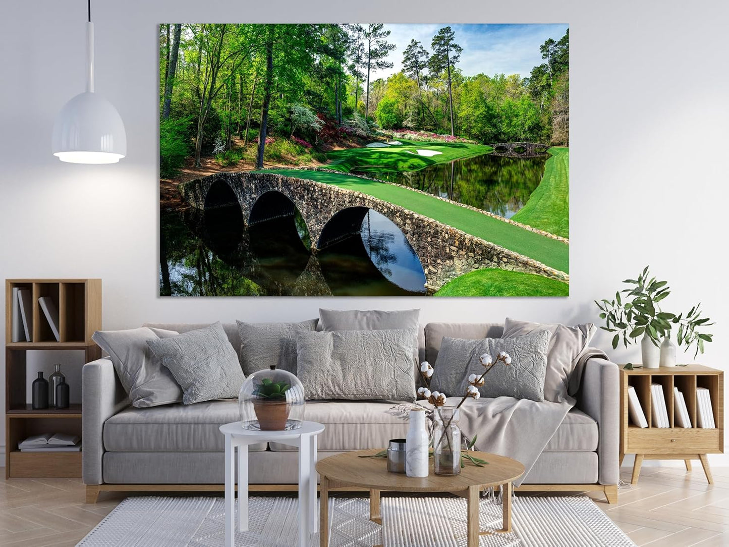 Nature Wall Art Prints - Ocean Forest Mountain Lake Canvas Landscapes - Small to Extra Large Living Room Bedroom Kitchen Bathroom Décor (Golf Course with Stone Bridge, 24L" x 36W")