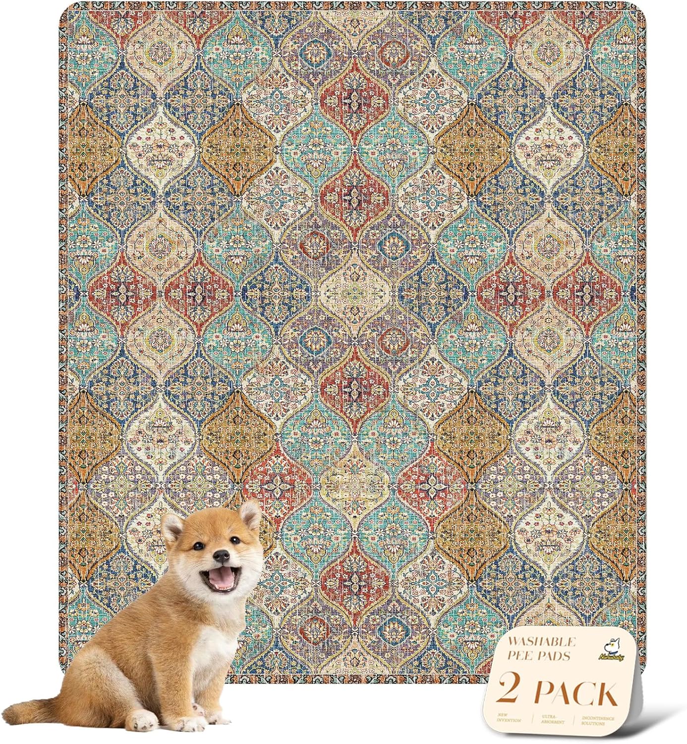 nunubaby Washable Pee Pads for Dogs, Stylish, Non-Slip and Leak-Proof Pee Pads. Reusable Potty Pads for Dogs for Crates and Floors.(Cream/Multi, 31" x36" )