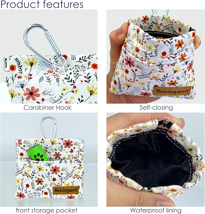 Dog Treat Pouch, Small Cotton Pocket Sized Training Holder, Hand Free Walking Funny Bag with Carabiner, Self-Closing Pet Feed Snack Reward, Behavior Aids for Puppy Travel or Outdoor Use
