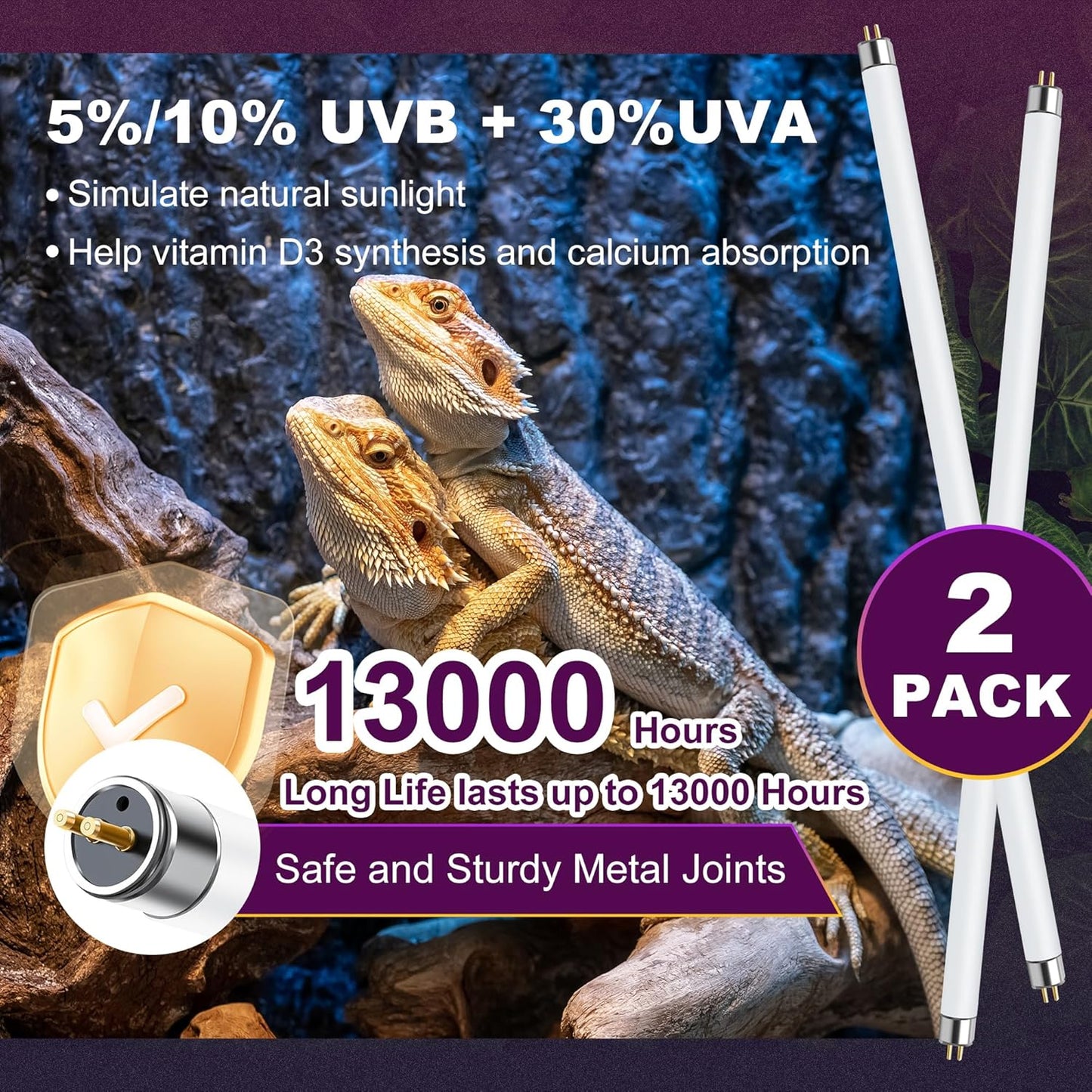 10.0 UVB Light for Reptiles, T5 HO 39 Watt Reptile Lamp Tube, Pack of 2 Fluorescent UVB Bulb, Basking Light for Bearded Dragon, Simulate Natural Sunlight for Reptiles and Amphibians