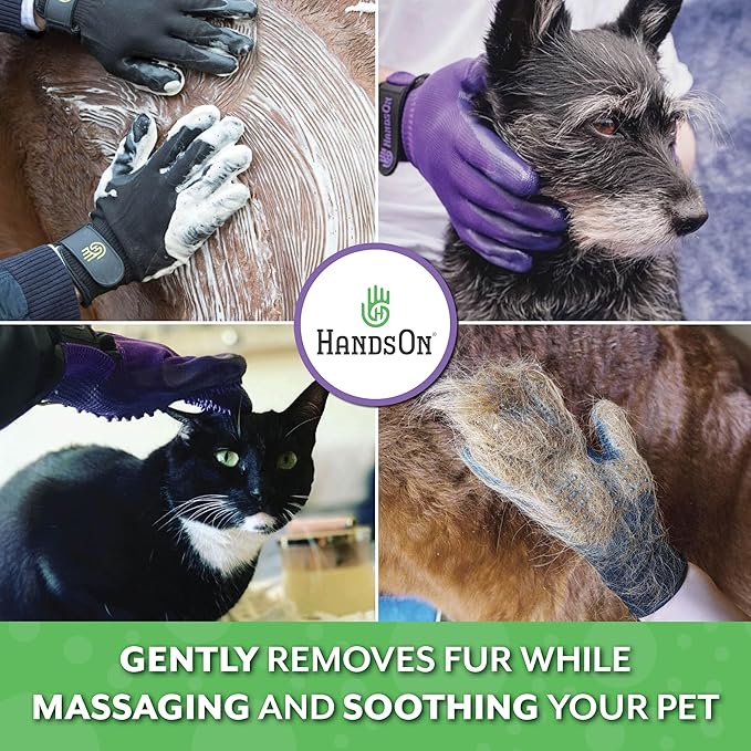 H HANDSON Pet Grooming Gloves - Patented #1 Ranked, Award Winning Shedding, Bathing, & Hair Remover Gloves - Gentle Brush for Cats, Dogs, and Horses (Blue, Medium)