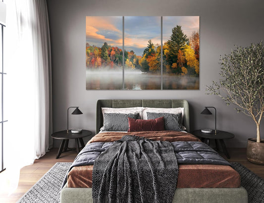 Nature Wall Art Prints - Ocean Forest Mountain Lake Canvas Landscapes - Small to Extra Large Living Room Bedroom Kitchen Bathroom Décor (Misty Fall Reflection, 55L" x 83W"- 3 Panels)