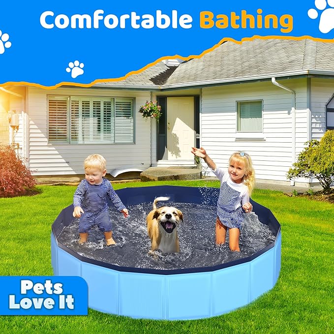 39.5" x 12" Foldable Dog Pool - Collapsible Hard Plastic Kiddie Pool for Dogs & Kids, Non-Slip Pet Bath Tub for Outdoor Backyard Use, Lightweight & Portable (Blue)