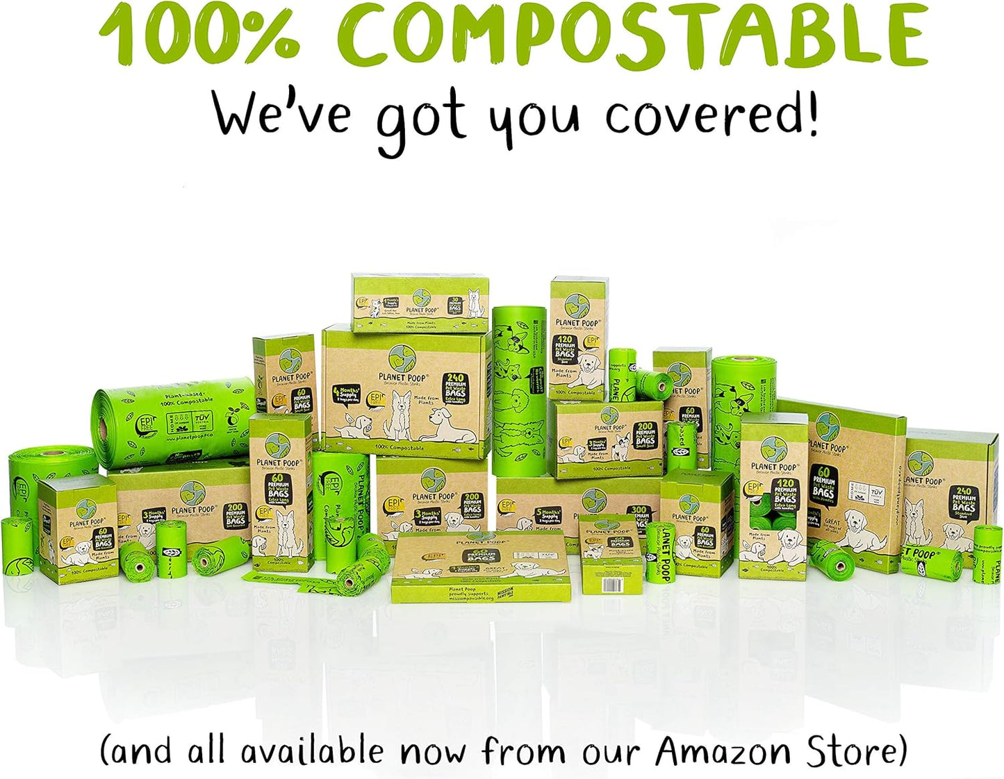 PLANET POOP Home Compostable Dog Poop Bags, Large Single Roll 300 Grab & Go, for Dogs Un-Scented Dog Waste Bags, Thick Leakproof Doggy Cat Bag, Plant-Based Pet Supplies