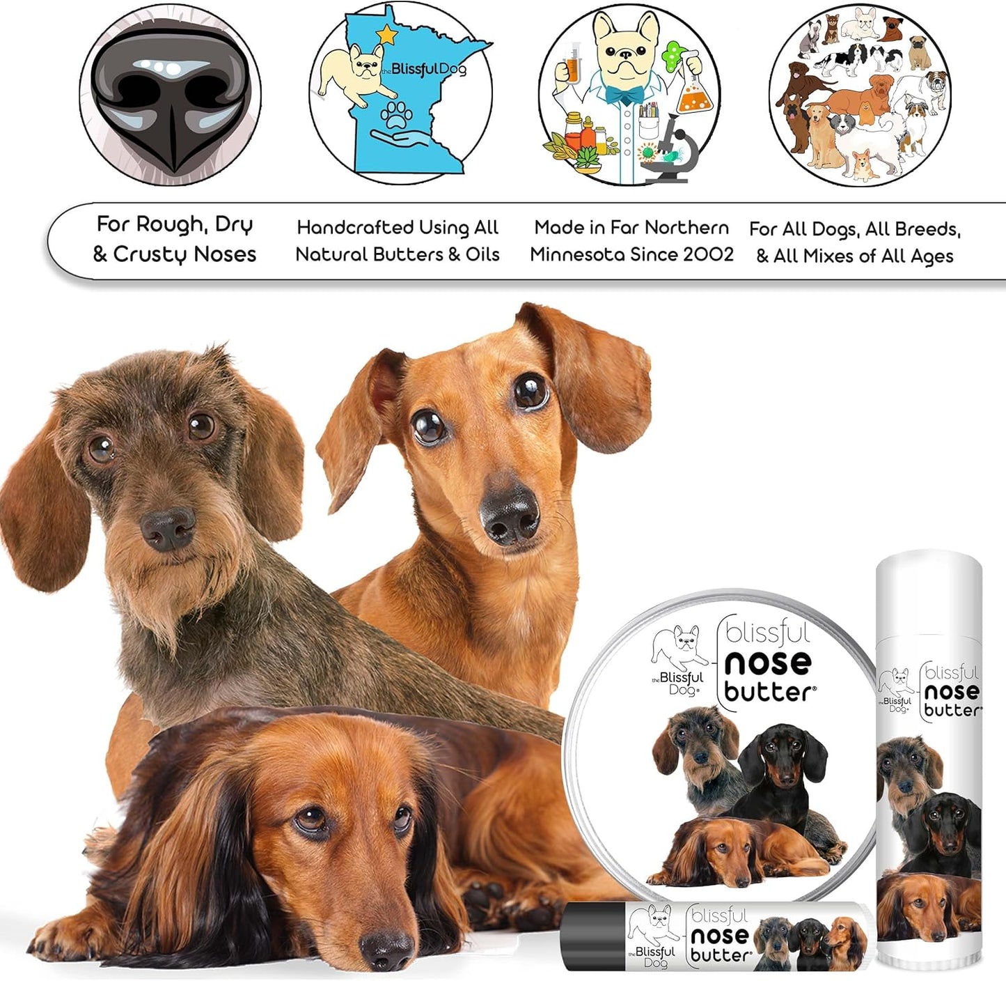 The Blissful Dog Dachshund Nose Butter for Dry, Cracked Skin, Lick-Safe Dog Nose Balm with Moisturizing Shea Butter, Almond, Olive, and Essential Oils, Pet Supplies, Uncented, 1 oz.