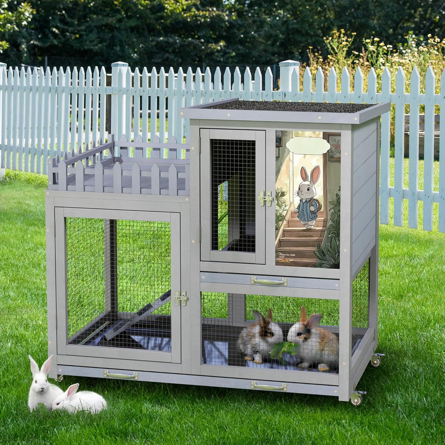 COZIWOW Double Layers Durable 38In Rabbit Hutch Indoor on Wheels, Small Animal Houses Habitat, Rolling Large Bunny Cage Outdoor with Removable Tray, Ramp, Two Story Bunny Cage（Grey with Pattern）
