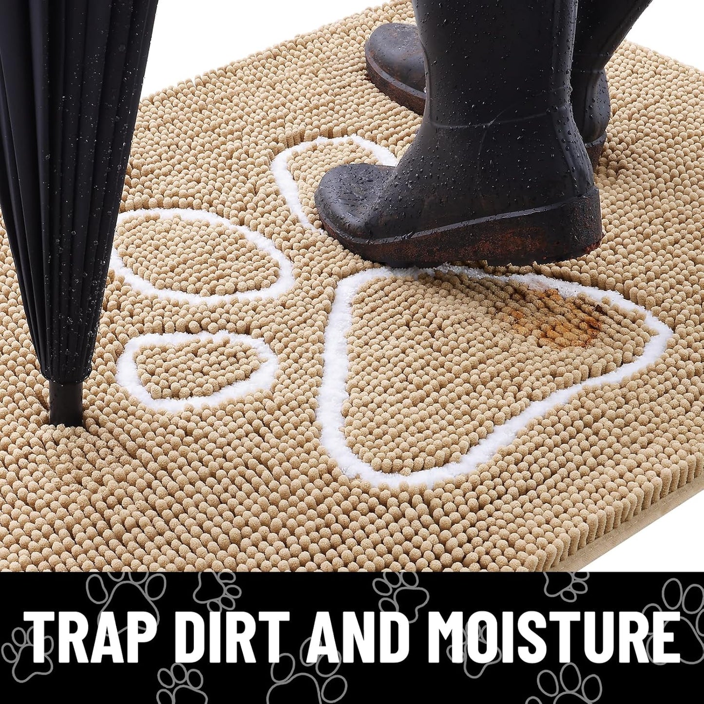 Smiry Dog Door Mat for Muddy Paws, Absorbent Dirt Trapper Non Slip Quick Dry Washable Chenille Mat for Mud Dogs, Entry Rug for Indoor and Outdoor (47x32 Inches, Beige)